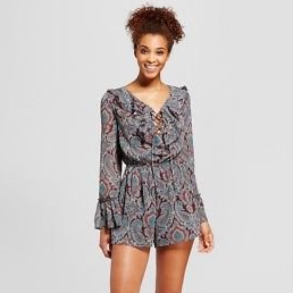 Lace-Up Long Sleeve Boho Romper - NWT